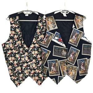 Vintage 111 Main Women's Set of 2 Christmas Vests L Button‎ Up Tie Back Festive